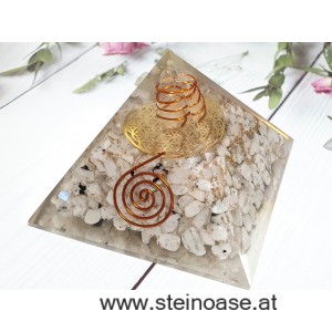 Orgonit Pyramide Mondstein & Blume des Lebens & Herkimer Kristall & Spirale